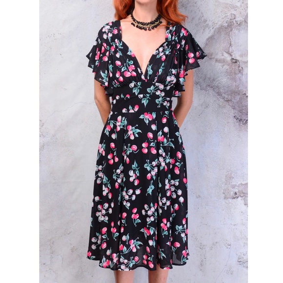 NEW Rockabilly Cherries print flutter sleeve dress - Picture 7 of 9